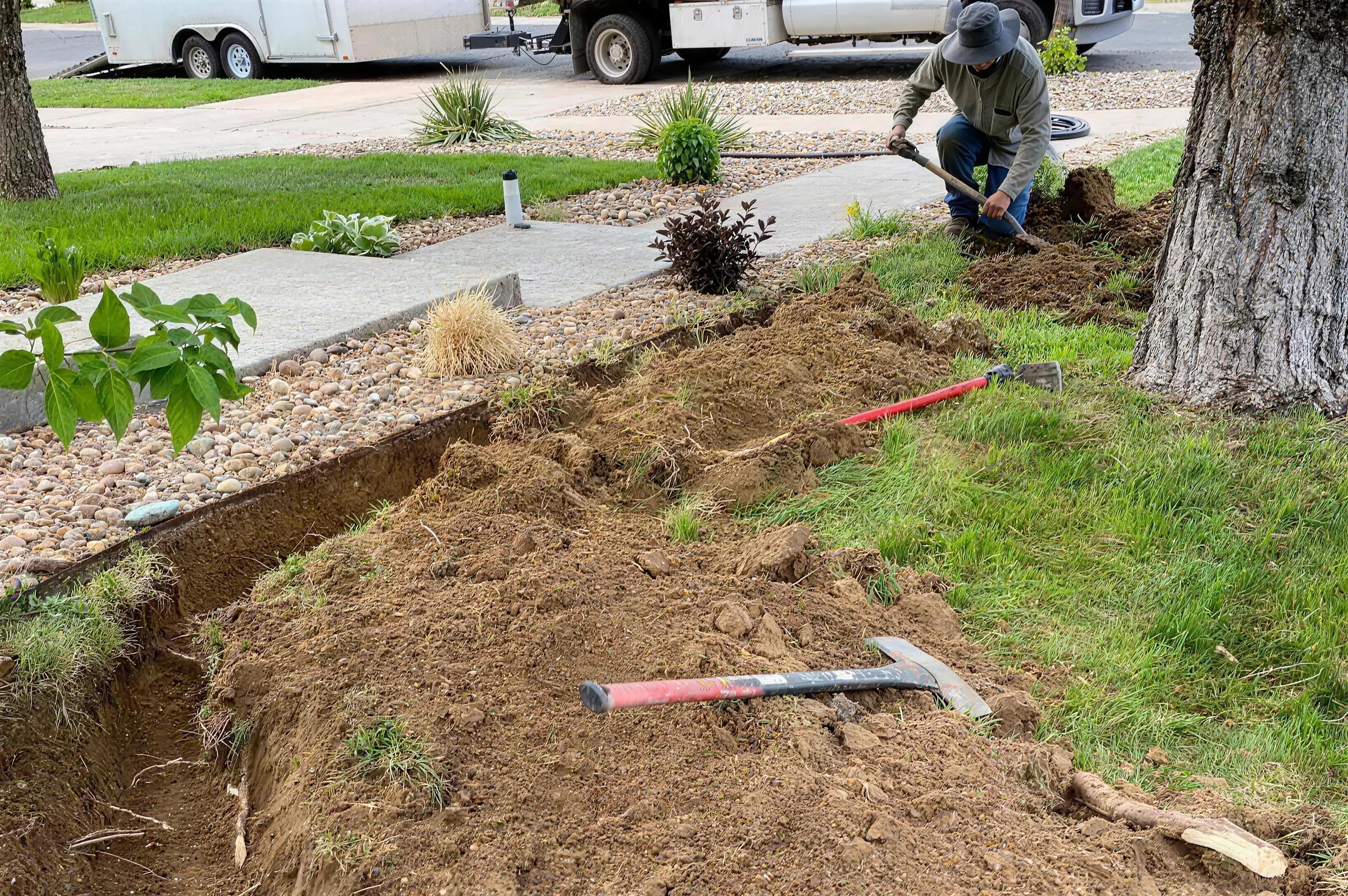 Steel bed edging being trenched in along a front-yard rock bed
