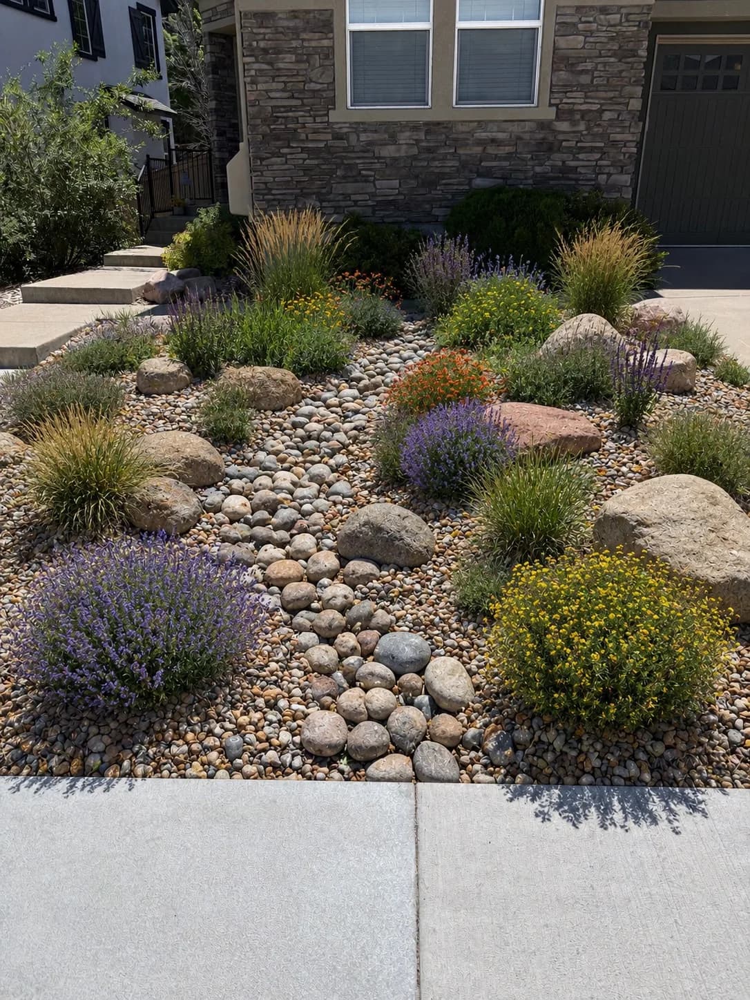 Water-wise front bed with ornamental grasses, boulders, and a river-rock dry creek